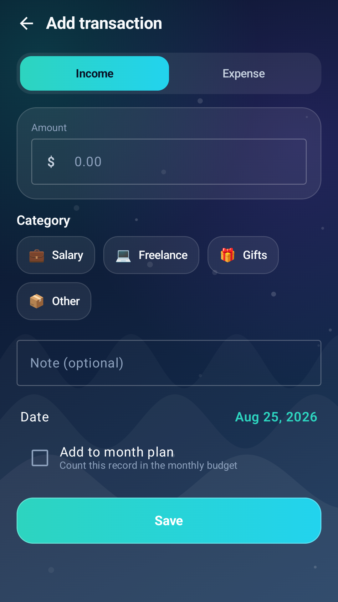 Finance Navigator add transaction screen