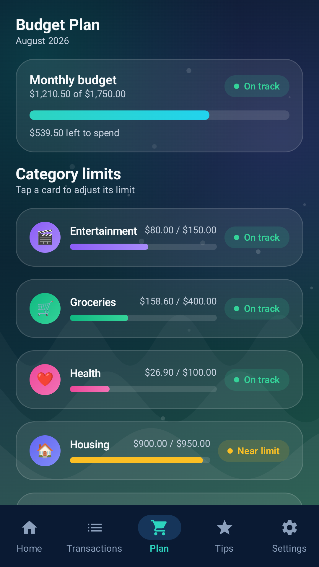 Finance Navigator budget plan screen