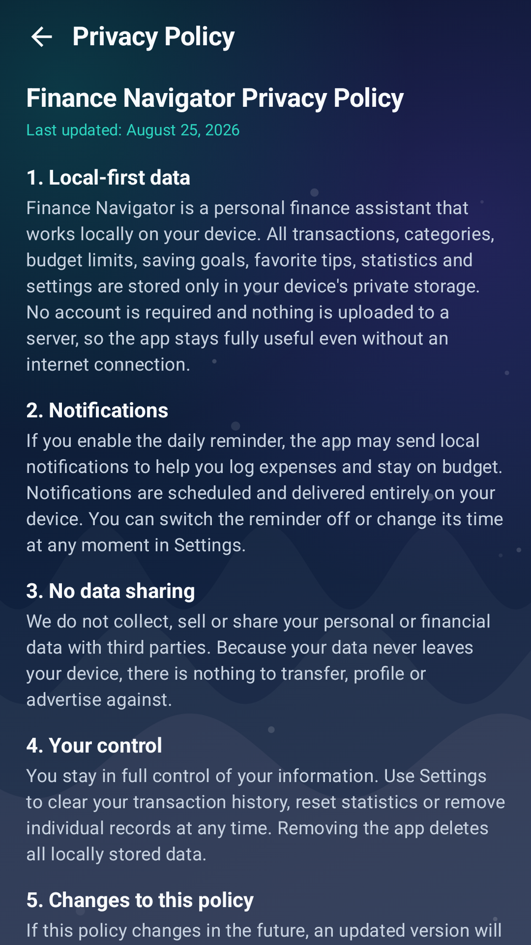Finance Navigator privacy screen