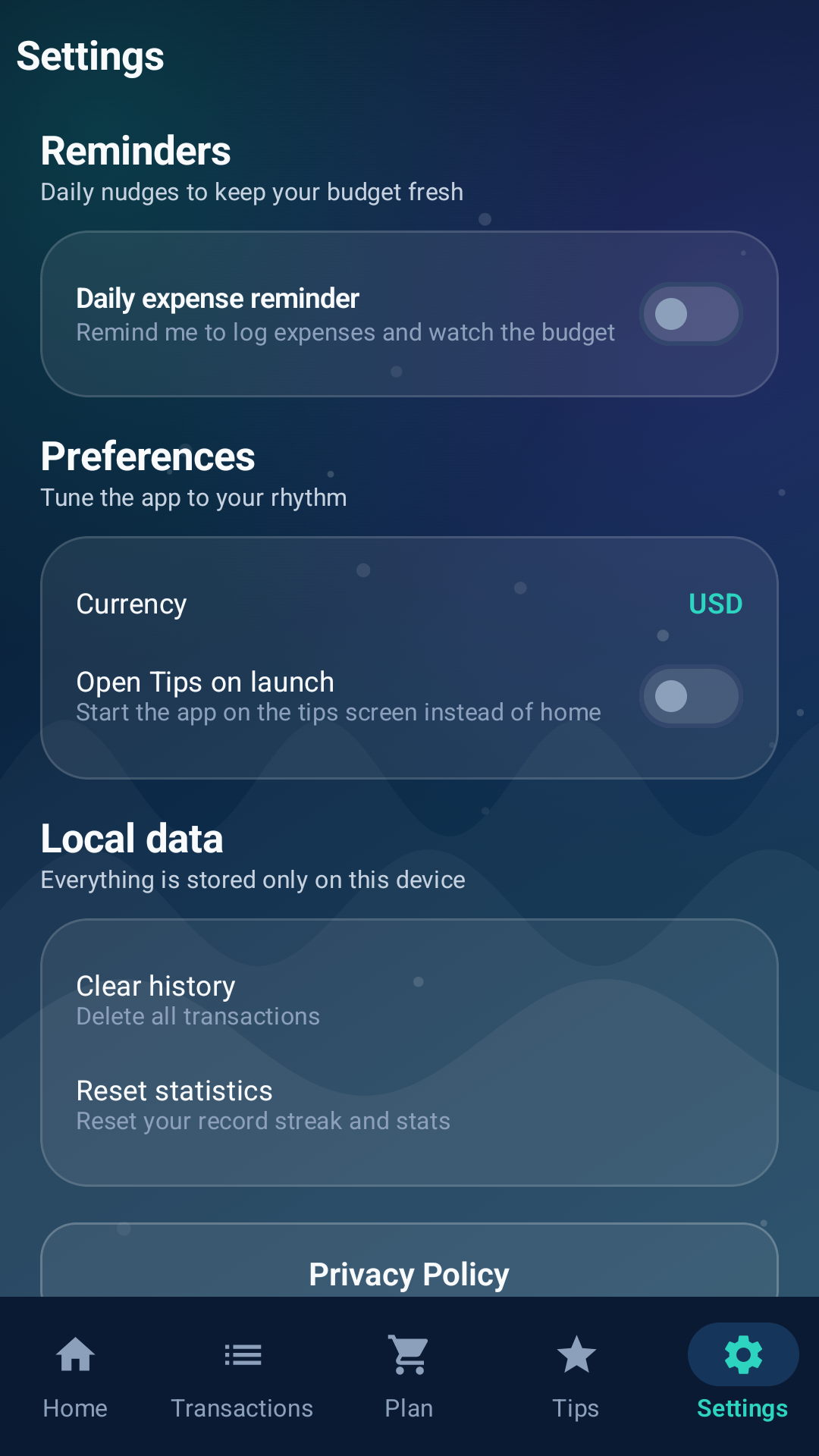 Finance Navigator settings